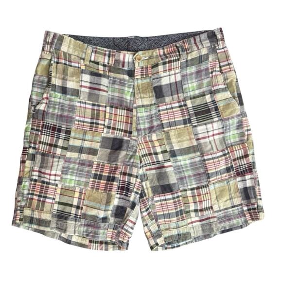 Orvis Other - Orvis Madras Patchwork Shorts Mens 36 Beige Multicolor Preppy Plaid Flat Front